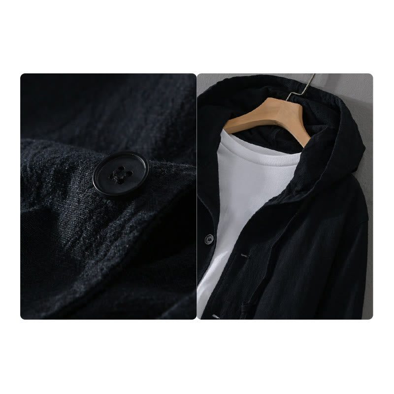 Buddha Stones Ribbed Hem Design Hoodie Long Sleeve Men's Cotton Linen Jacket Shirt With Pockets - image 13