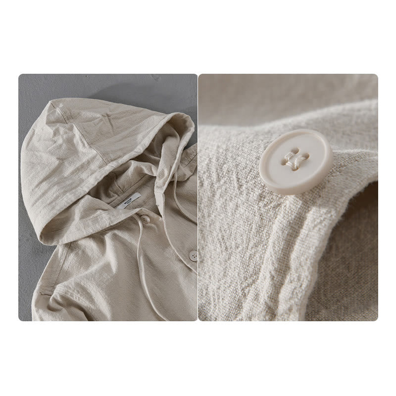 Buddha Stones Ribbed Hem Design Hoodie Long Sleeve Men's Cotton Linen Jacket Shirt With Pockets - image 8