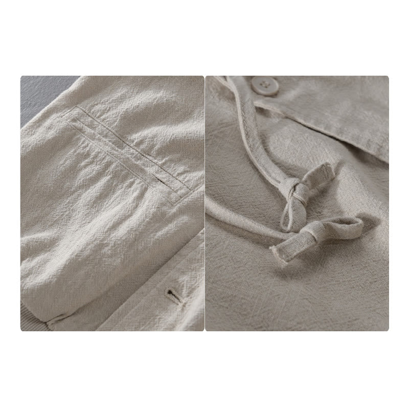 Buddha Stones Ribbed Hem Design Hoodie Long Sleeve Men's Cotton Linen Jacket Shirt With Pockets - image 9