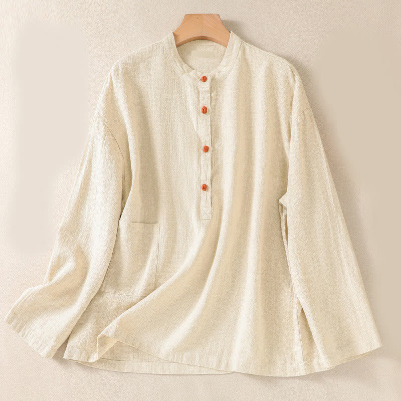 Buddha Stones Casual Buttons Crew Neck Cotton Women's Long Sleeve Shirt With Pockets - Cornsilk - US8-10，UK/AU12-14，EU40-42 (2XL) - image 16