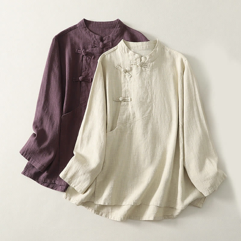 Buddha Stones Casual Plain Frog-buttons Women's Long Sleeve Shirt - image 0