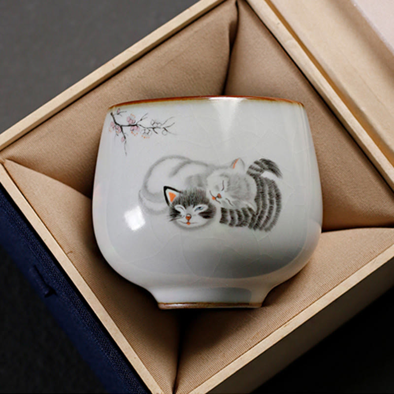Buddha Stones Cute Cat Branches Teacup Kung Fu Tea Cup With Gift Box - Two Cats 5.8cm*6cm*120ml - image 7