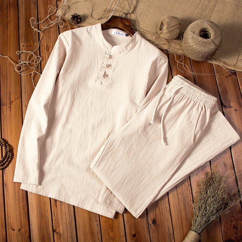 Buddha Stones Pure Color Cotton Linen Long Sleeve Top Pants Clothing Men's Set - Moccasin - US/UK/AU44，EU54 (5XL) - image 0