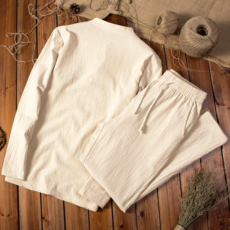 Buddha Stones Pure Color Cotton Linen Long Sleeve Top Pants Clothing Men's Set - image 1