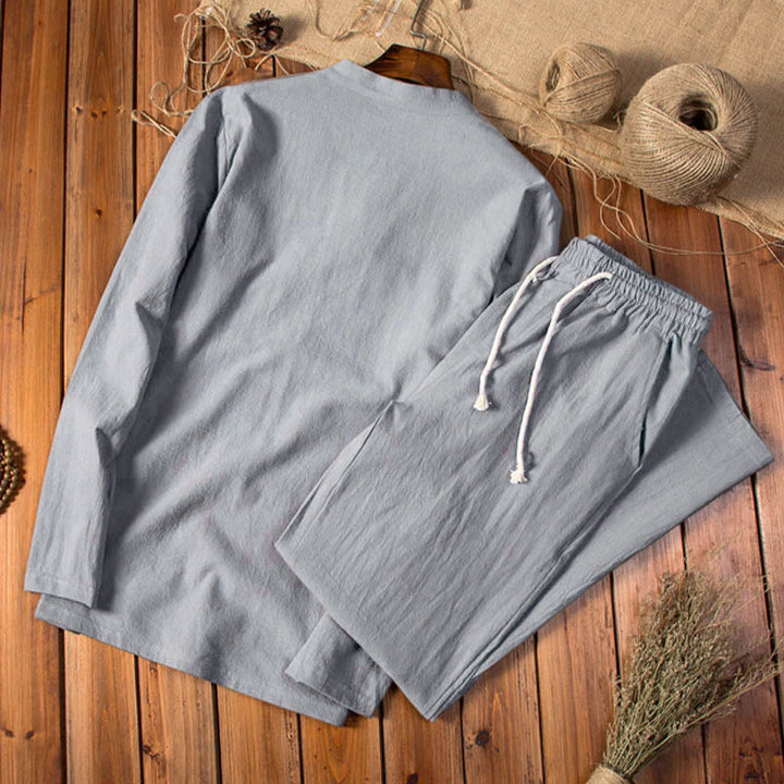 Buddha Stones Pure Color Long Sleeve Top Pants Clothing Men's Set - image 8