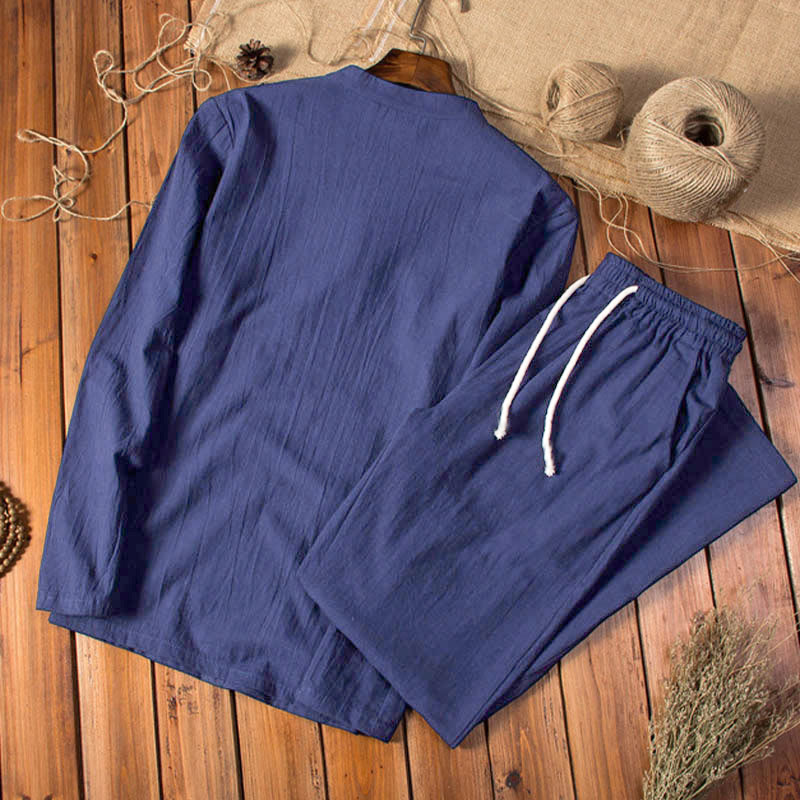 Buddha Stones Pure Color Long Sleeve Top Pants Clothing Men's Set - image 12