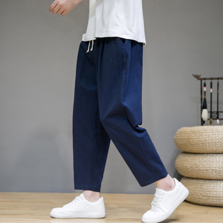 Buddha Stones Casual Pure Color Tapered Design Men's Cotton Linen Drawstring Pants With Pockets - image 8