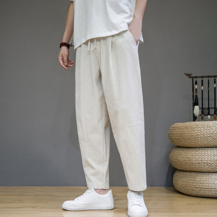 Buddha Stones Casual Pure Color Tapered Design Men's Cotton Linen Drawstring Pants With Pockets - Beige - US/UK/AU46，EU56 (5XL) - image 14