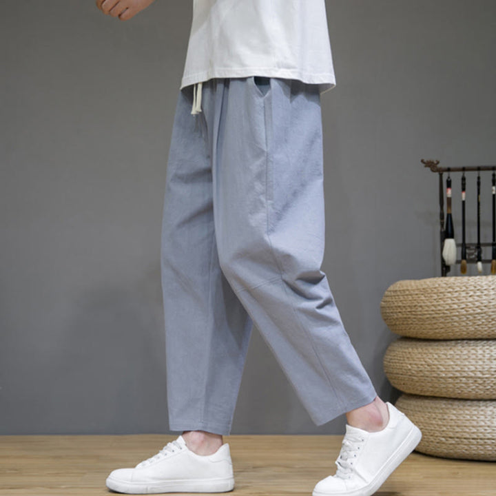 Buddha Stones Casual Pure Color Tapered Design Men's Cotton Linen Drawstring Pants With Pockets - image 19