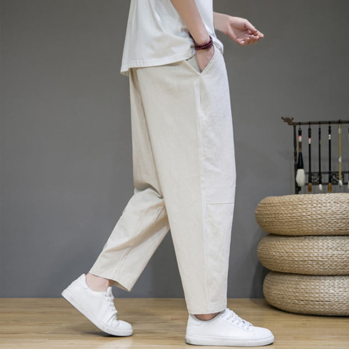 Buddha Stones Casual Pure Color Tapered Design Men's Cotton Linen Drawstring Pants With Pockets - image 16
