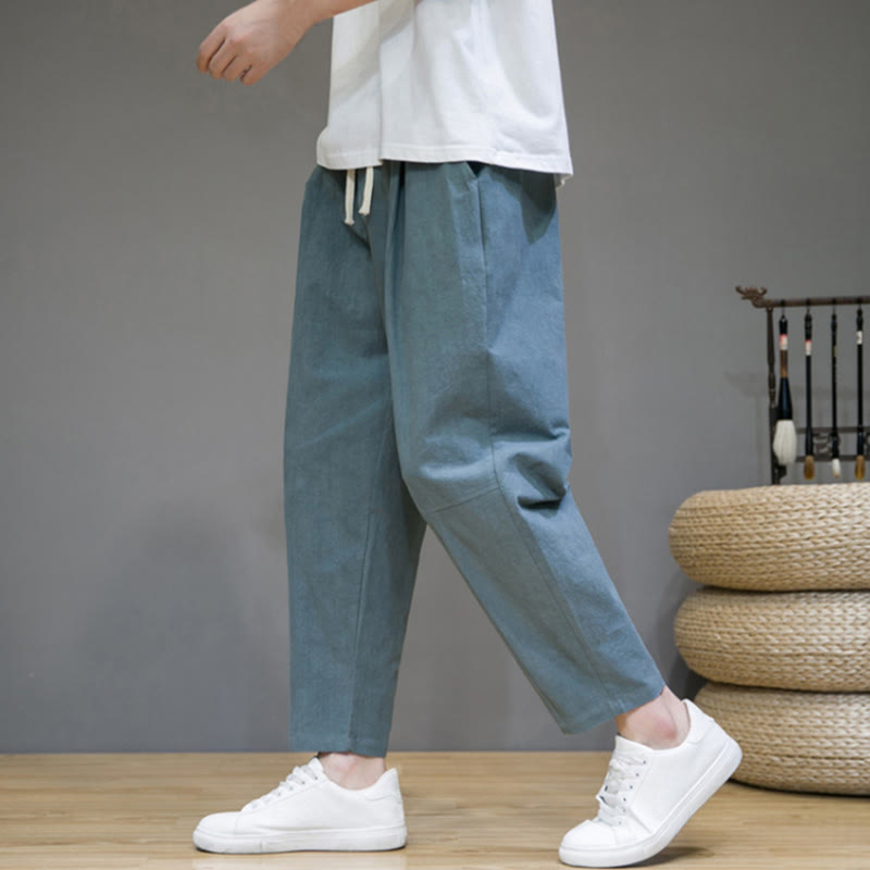 Buddha Stones Casual Pure Color Tapered Design Men's Cotton Linen Drawstring Pants With Pockets - image 1