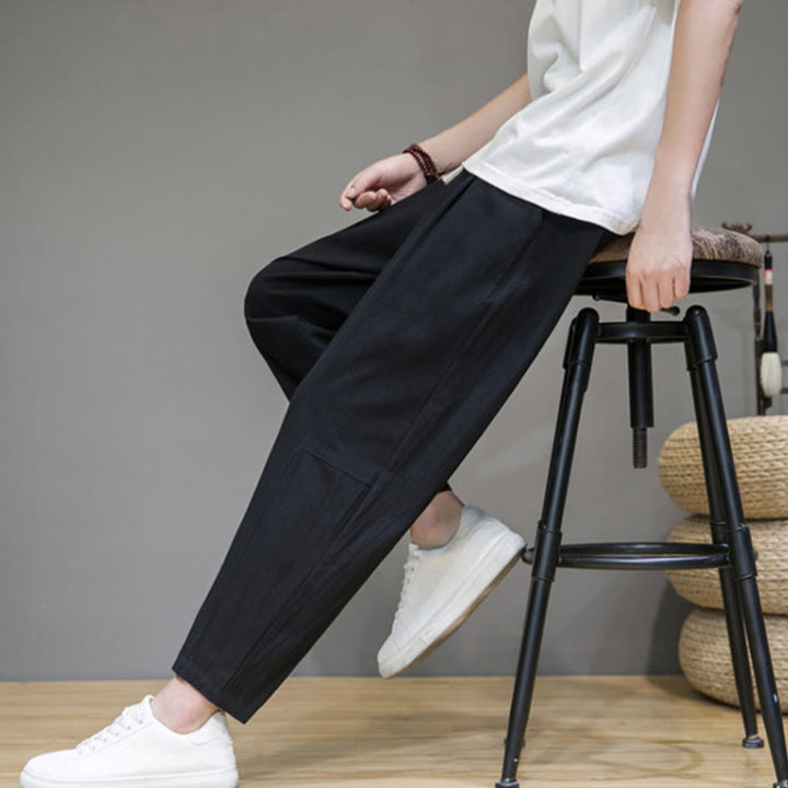 Buddha Stones Casual Pure Color Tapered Design Men's Cotton Linen Drawstring Pants With Pockets - image 5