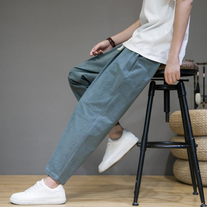 Buddha Stones Casual Pure Color Tapered Design Men's Cotton Linen Drawstring Pants With Pockets - image 2