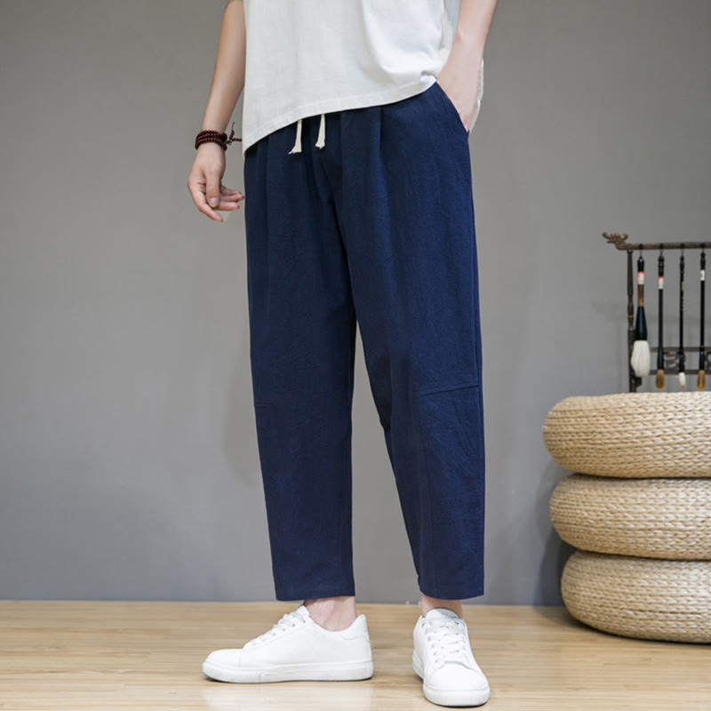 Buddha Stones Casual Pure Color Tapered Design Men's Cotton Linen Drawstring Pants With Pockets - MidnightBlue - US/UK/AU46，EU56 (5XL) - image 7