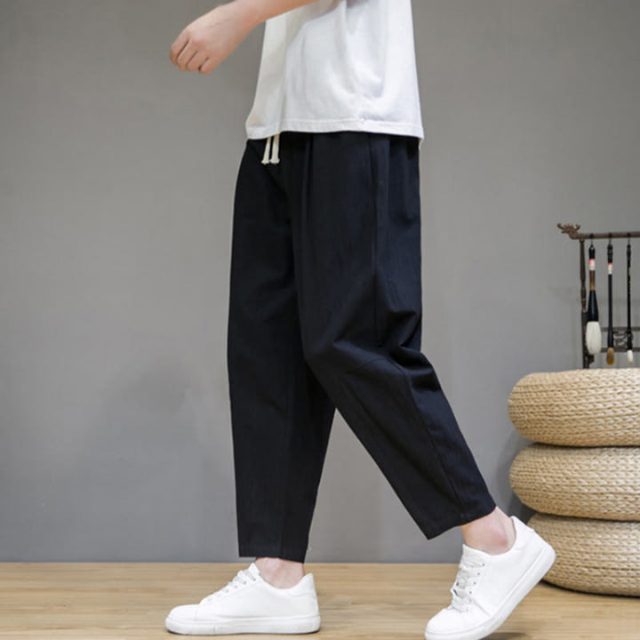 Buddha Stones Casual Pure Color Tapered Design Men's Cotton Linen Drawstring Pants With Pockets - image 4