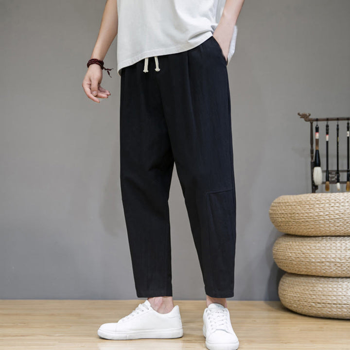 Buddha Stones Casual Pure Color Tapered Design Men's Cotton Linen Drawstring Pants With Pockets - Black - US/UK/AU46，EU56 (5XL) - image 3