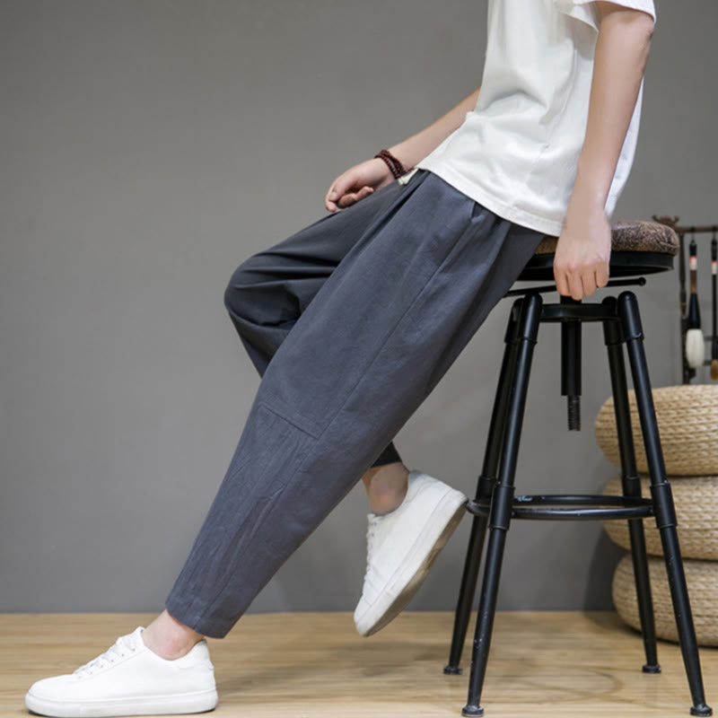 Buddha Stones Casual Pure Color Tapered Design Men's Cotton Linen Drawstring Pants With Pockets - image 13