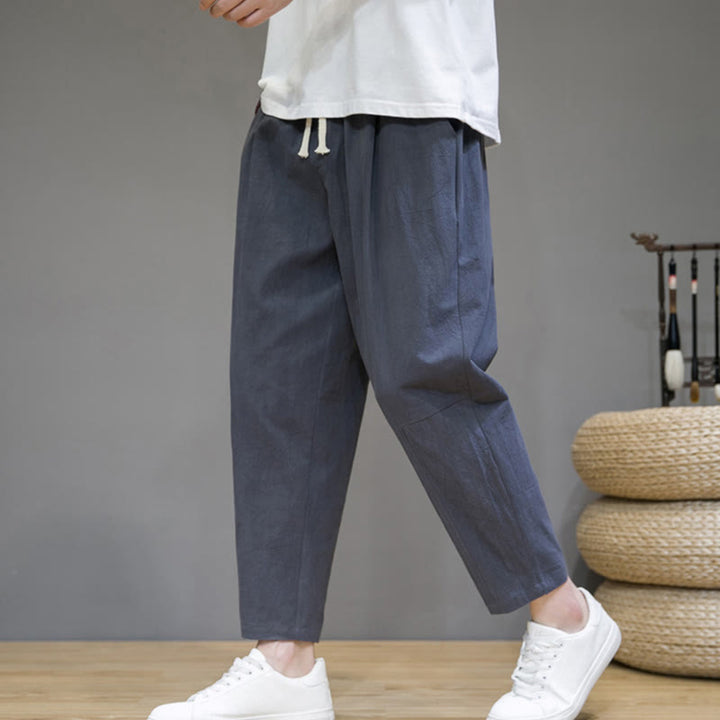 Buddha Stones Casual Pure Color Tapered Design Men's Cotton Linen Drawstring Pants With Pockets - image 12