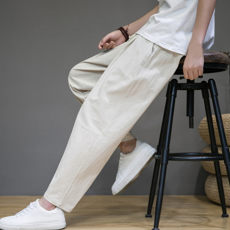 Buddha Stones Casual Pure Color Tapered Design Men's Cotton Linen Drawstring Pants With Pockets - image 17