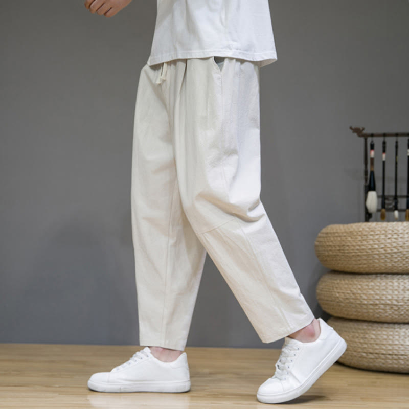 Buddha Stones Casual Pure Color Tapered Design Men's Cotton Linen Drawstring Pants With Pockets - image 15