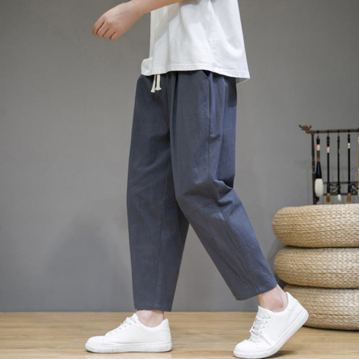 Buddha Stones Casual Pure Color Tapered Design Men's Cotton Linen Drawstring Pants With Pockets - image 11