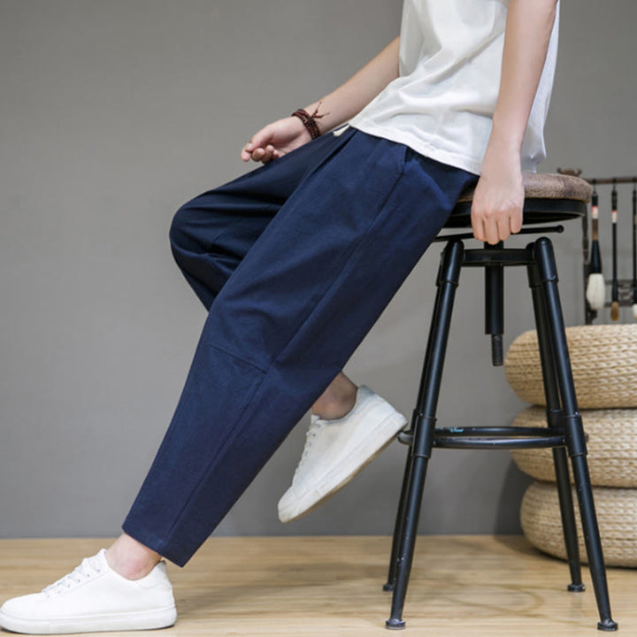 Buddha Stones Casual Pure Color Tapered Design Men's Cotton Linen Drawstring Pants With Pockets - image 9