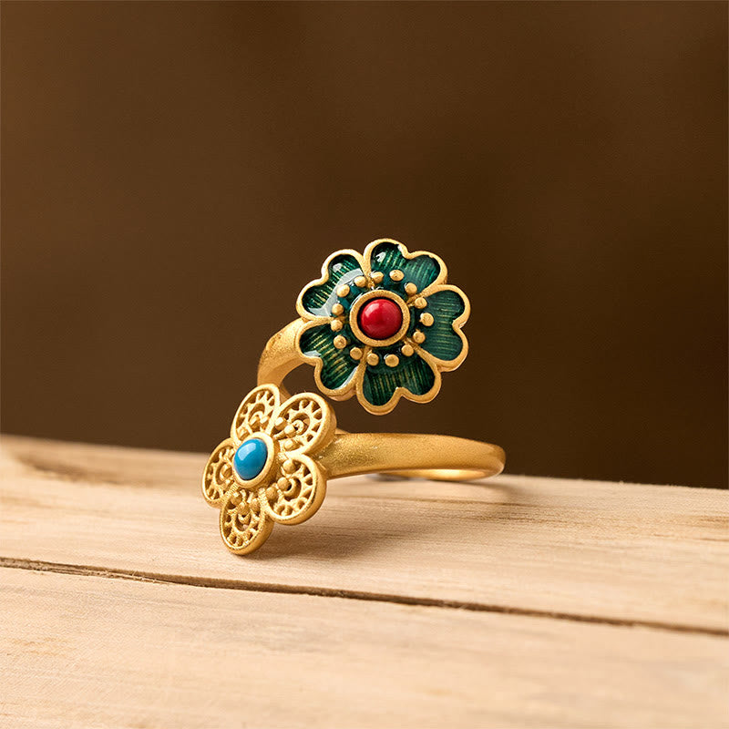 Buddha Stones Double Petals Copper Dripping Turquoise Wealth Ring - image 1