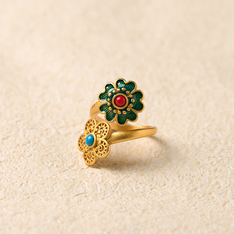 Buddha Stones Double Petals Copper Dripping Turquoise Wealth Ring - image 2