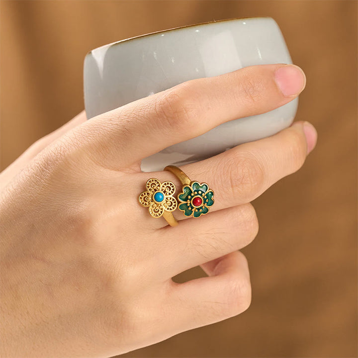 Buddha Stones Double Petals Copper Dripping Turquoise Wealth Ring - image 4