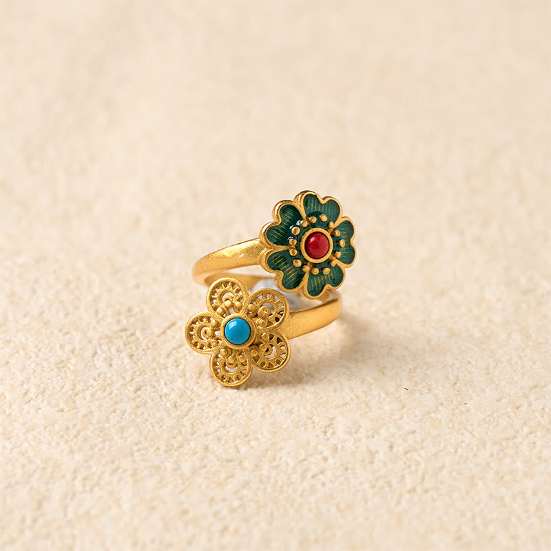 Buddha Stones Double Petals Copper Dripping Turquoise Wealth Ring - image 3