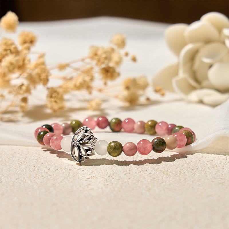 Buddha Stones Rhodonite Unakite Beads Lotus Healing Bracelet - image 4