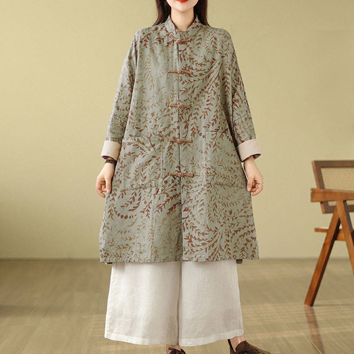 Buddha Stones Frog-button Vine Leaves Women's Coat With Pockets - image 2