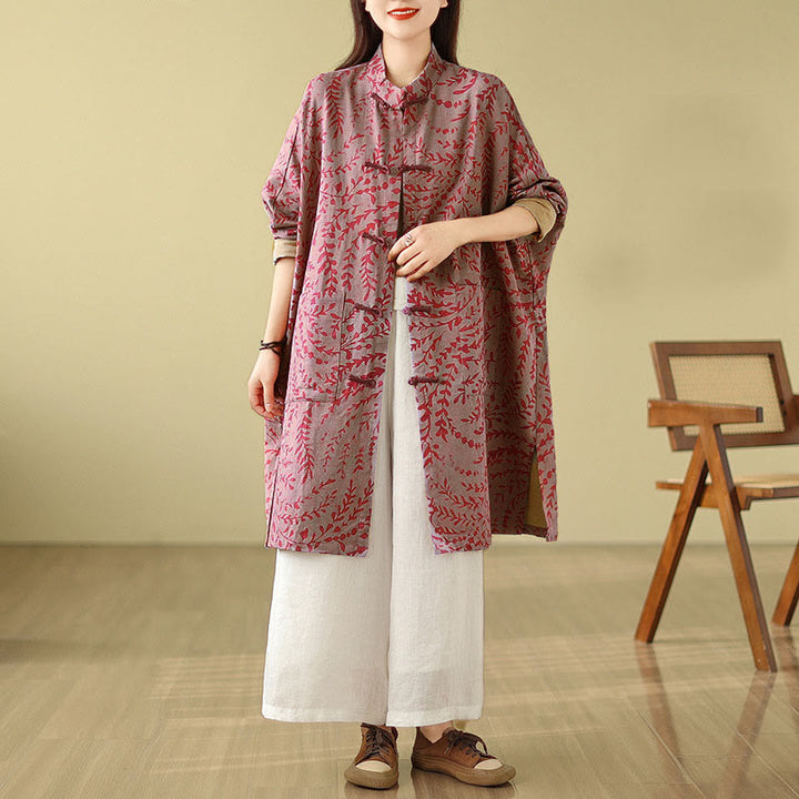 Buddha Stones Frog-button Vine Leaves Women's Coat With Pockets - PaleVioletRed - US14，UK/AU18，EU46 (2XL) - image 7