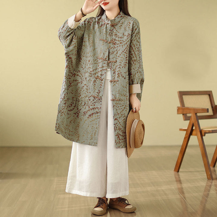 Buddha Stones Frog-button Vine Leaves Women's Coat With Pockets - image 5