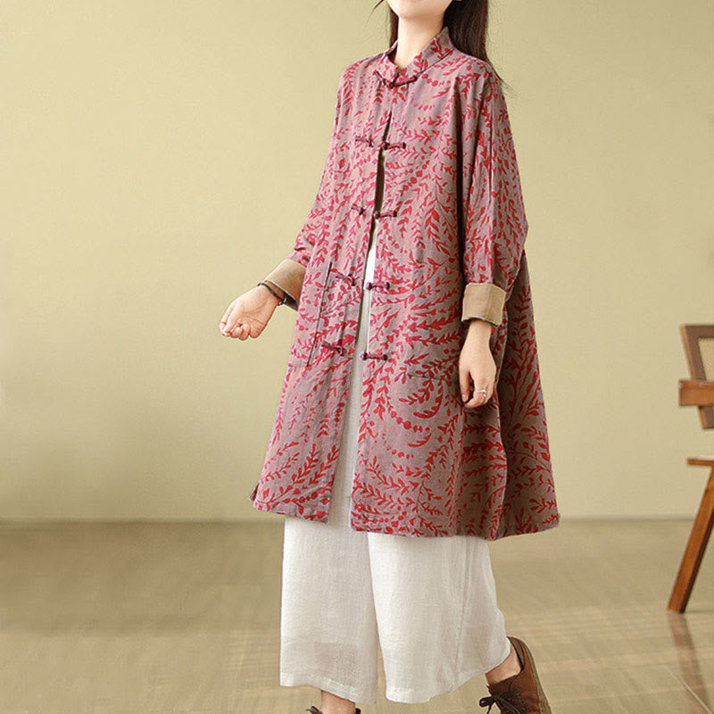 Buddha Stones Frog-button Vine Leaves Women's Coat With Pockets - image 8