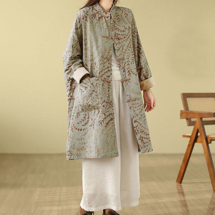Buddha Stones Frog-button Vine Leaves Women's Coat With Pockets - image 4