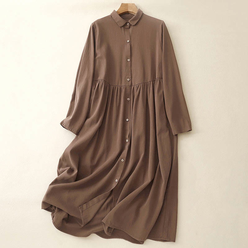Buddha Stones Commute Long Sleeve Pure Color Button Design Lapel Cotton Midi Dress - SaddleBrown - US8-10，UK/AU12-14，EU40-42 (2XL) - image 9