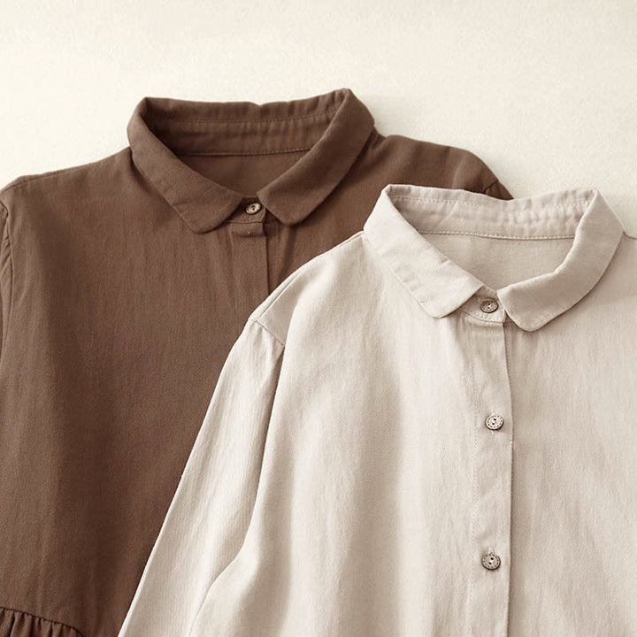 Buddha Stones Commute Long Sleeve Pure Color Button Design Lapel Cotton Midi Dress - image 14