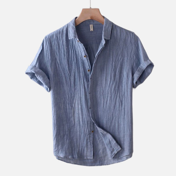 Buddha Stones Men's Shirt Solid Color Lapel Top Short Sleeve Comfy Button Crease Cotton Linen Shirt - Short Sleeve - CornflowerBlue - US/UK/AU50，EU60 (5XL) - image 0