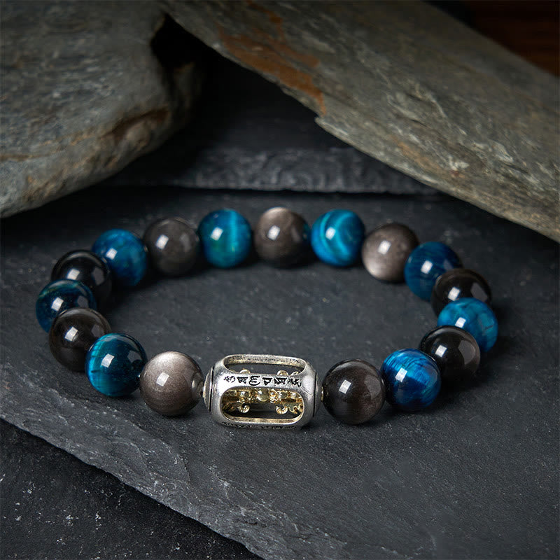 Buddha Stones Natural Silver Sheen Obsidian Blue Tiger Eye Om Mani Padme Hum Soothing Bracelet - 20cm - image 0