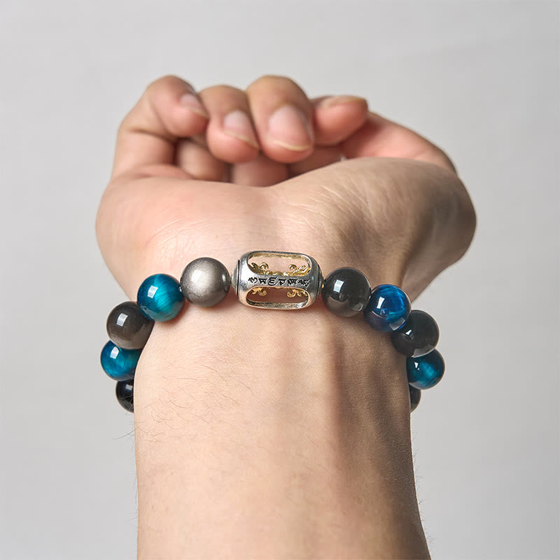 Buddha Stones Natural Silver Sheen Obsidian Blue Tiger Eye Om Mani Padme Hum Soothing Bracelet - image 2