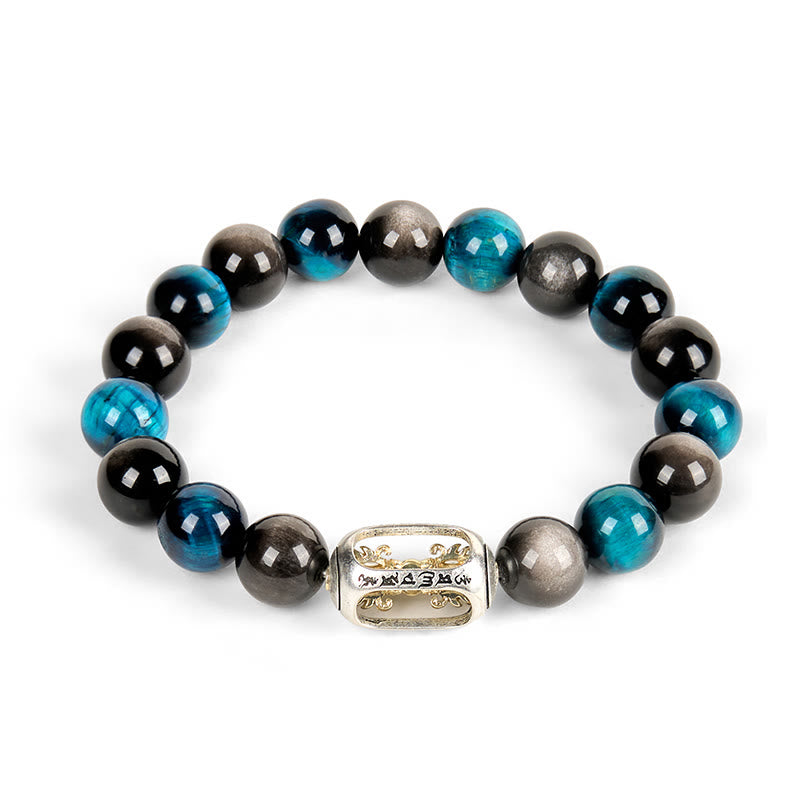 Buddha Stones Natural Silver Sheen Obsidian Blue Tiger Eye Om Mani Padme Hum Soothing Bracelet - image 4