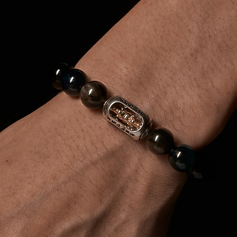 Buddha Stones Natural Silver Sheen Obsidian Blue Tiger Eye Om Mani Padme Hum Soothing Bracelet - image 3