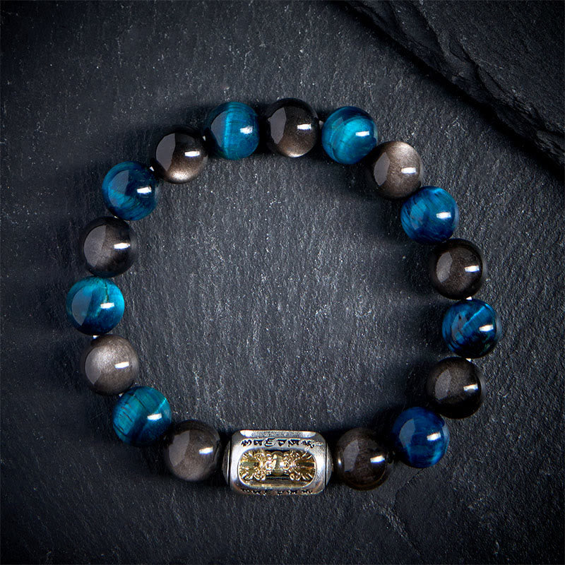 Buddha Stones Natural Silver Sheen Obsidian Blue Tiger Eye Om Mani Padme Hum Soothing Bracelet - image 1