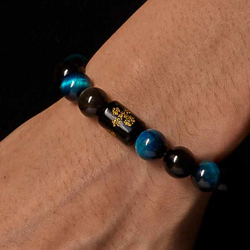 Buddha Stones Silver Sheen Obsidian Blue Tiger Eye Black Onyx Five Elements Protection Bracelet - image 2