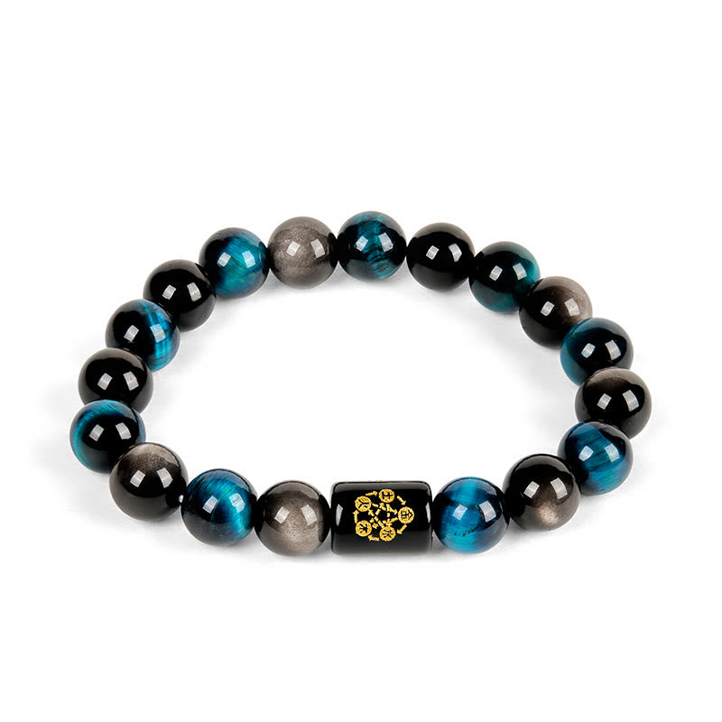 Buddha Stones Silver Sheen Obsidian Blue Tiger Eye Black Onyx Five Elements Protection Bracelet - image 4