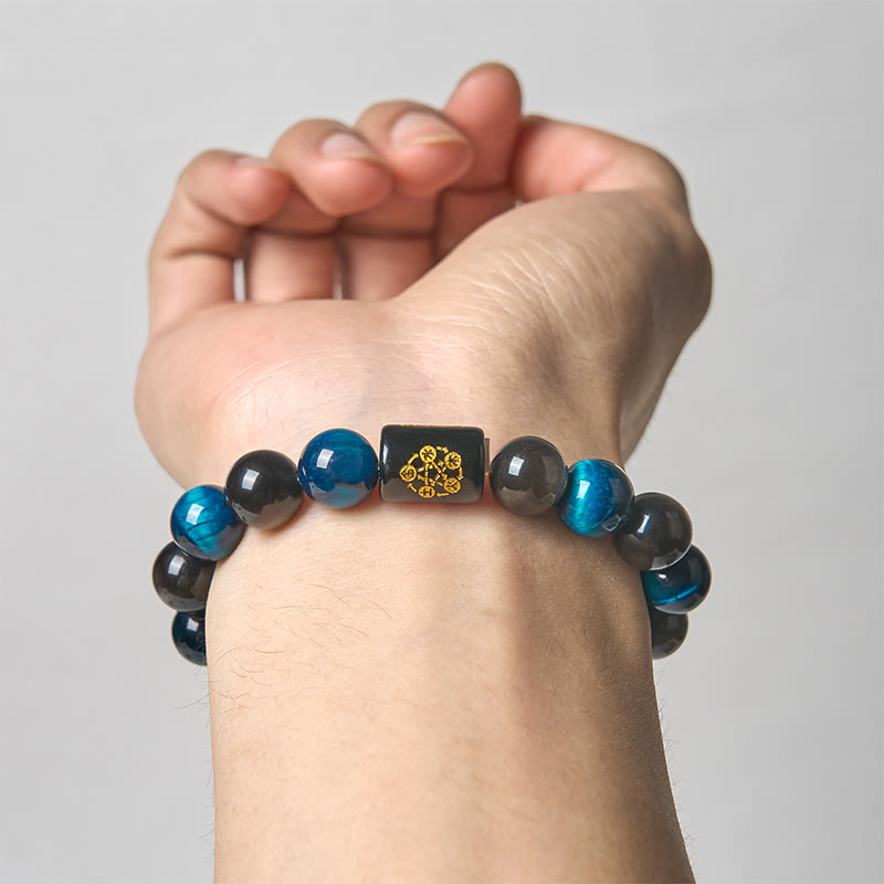 Buddha Stones Silver Sheen Obsidian Blue Tiger Eye Black Onyx Five Elements Protection Bracelet - image 3