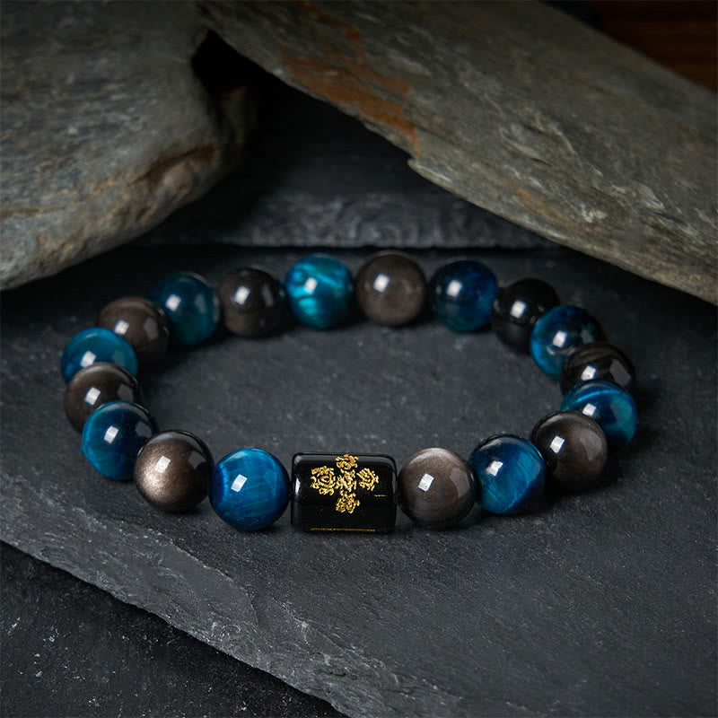 Buddha Stones Silver Sheen Obsidian Blue Tiger Eye Black Onyx Five Elements Protection Bracelet - 20cm - image 0