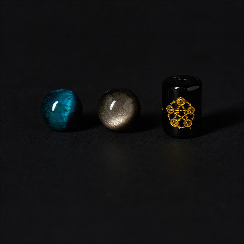 Buddha Stones Silver Sheen Obsidian Blue Tiger Eye Black Onyx Five Elements Protection Bracelet - image 7