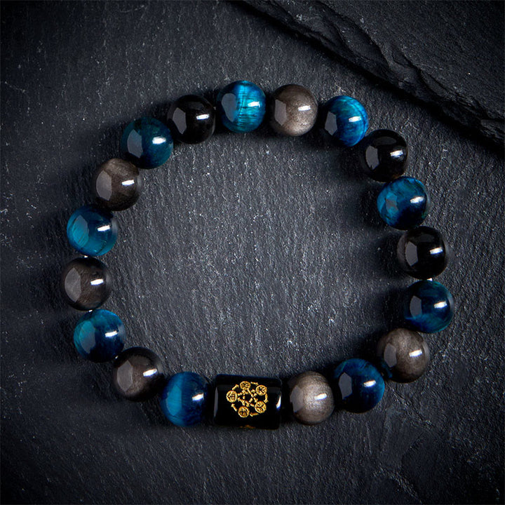 Buddha Stones Silver Sheen Obsidian Blue Tiger Eye Black Onyx Five Elements Protection Bracelet - image 1